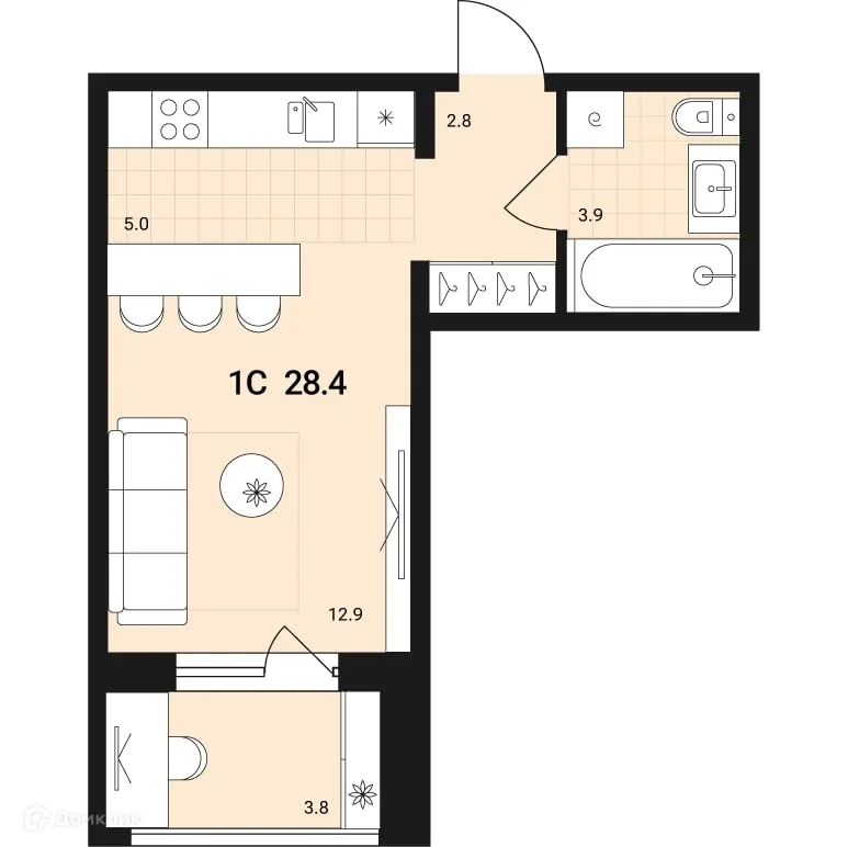 Планировка студии квартиры 28.4 м² в ЖК по ул. Геодезическая, д. 15а, г. Обь — фото 1