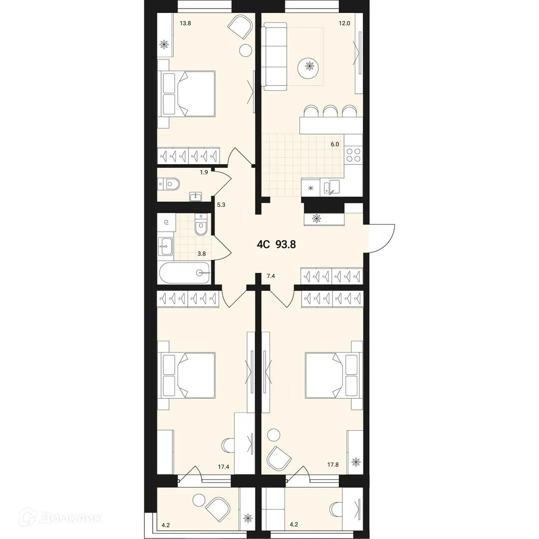 Планировка 4-комнатной квартиры 93.8 м² в ЖК по ул. Геодезическая, д. 15а, г. Обь — фото 1