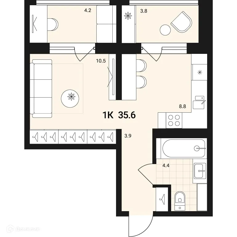 Планировка 1-комнатной квартиры 35.6 м² в ЖК по ул. Геодезическая, д. 15а, г. Обь — фото 1
