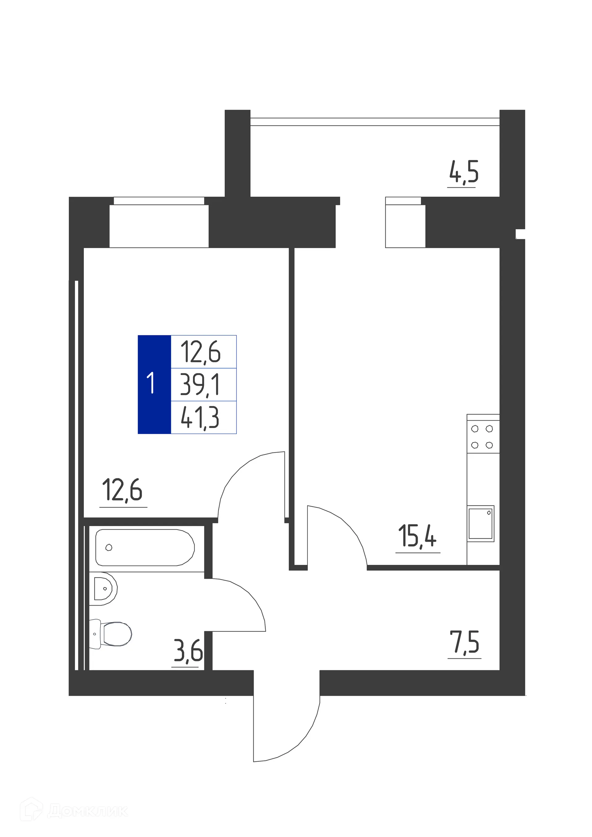 Планировка 1-комнатной квартиры 41.3 м² в ЖК Дом по пр-кт Ленина, г. Октябрьский — фото 1