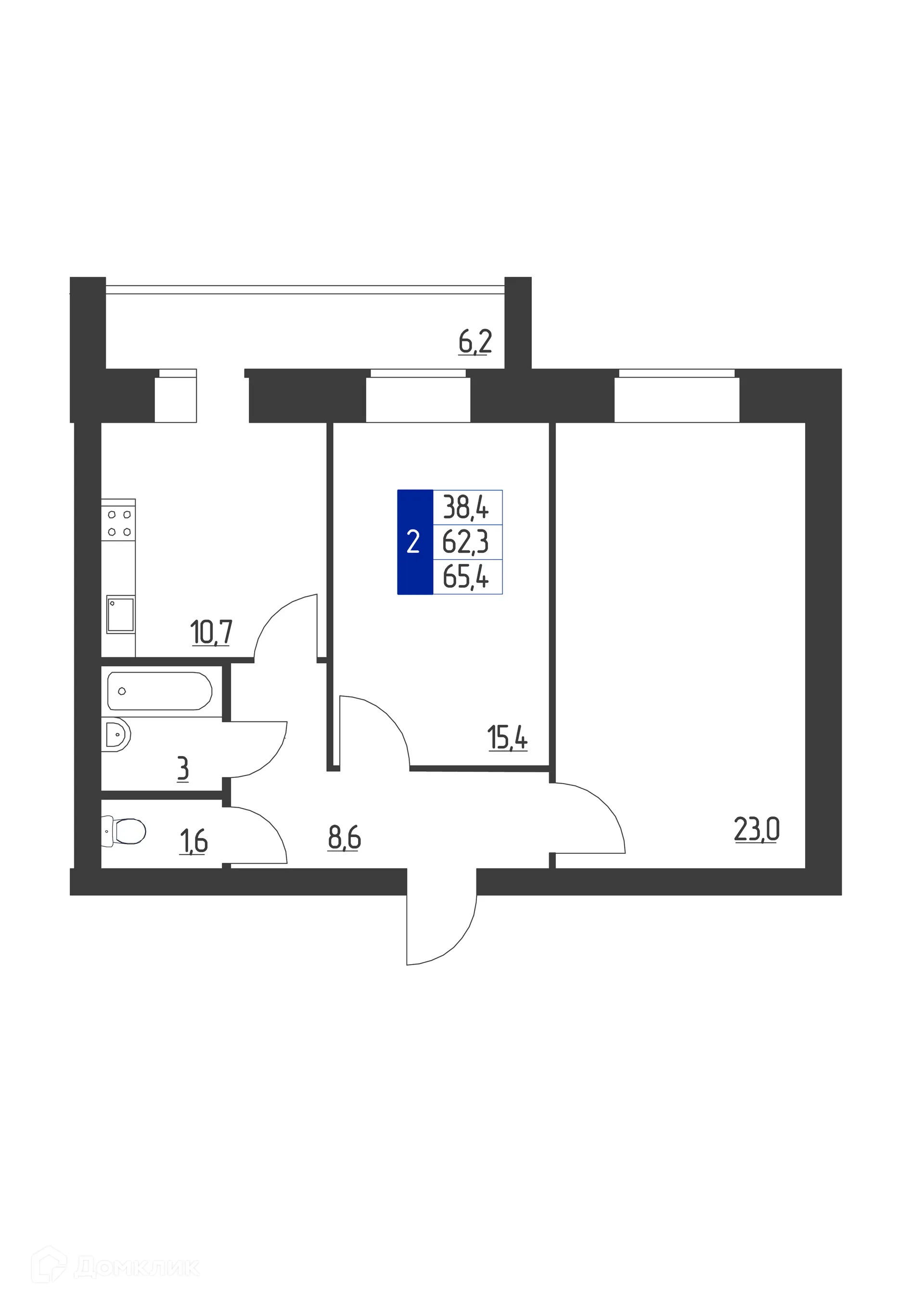 Планировка 2-комнатной квартиры 65.4 м² в ЖК Дом по пр-кт Ленина, г. Октябрьский — фото 1