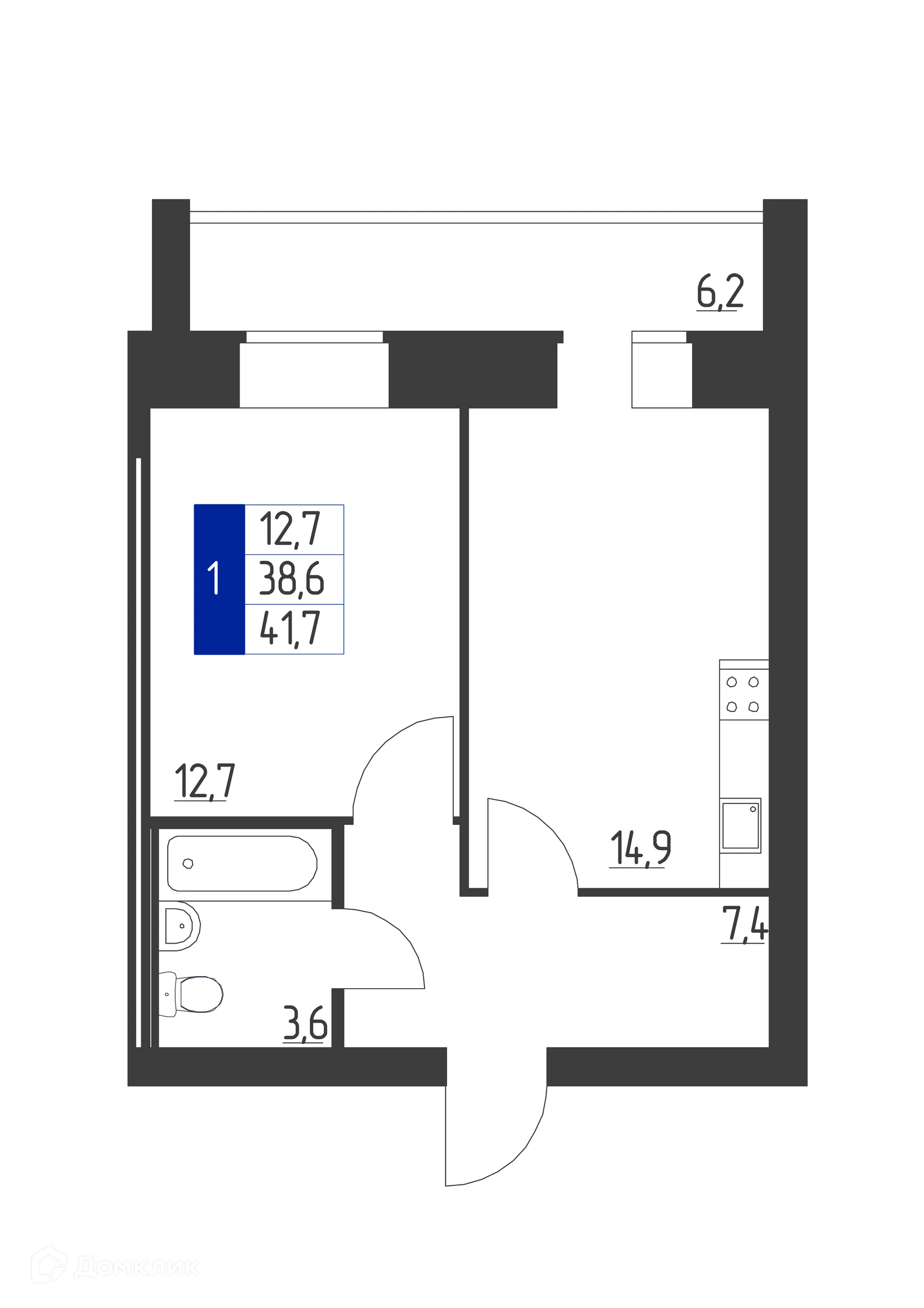 Планировка 1-комнатной квартиры 41.7 м² в ЖК Дом по пр-кт Ленина, г. Октябрьский — фото 1