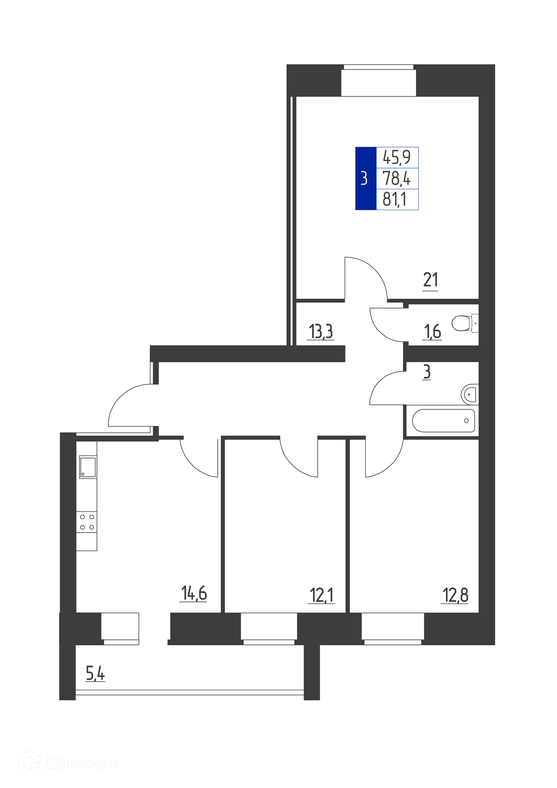 Планировка 3-комнатной квартиры 81.1 м² в ЖК Дом по пр-кт Ленина, г. Октябрьский — фото 1
