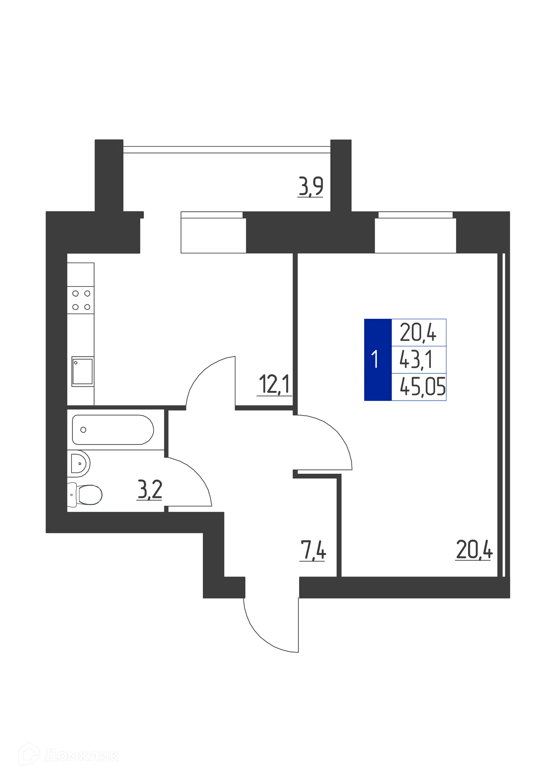 Планировка 1-комнатной квартиры 45.05 м² в ЖК Дом по пр-кт Ленина, г. Октябрьский — фото 1