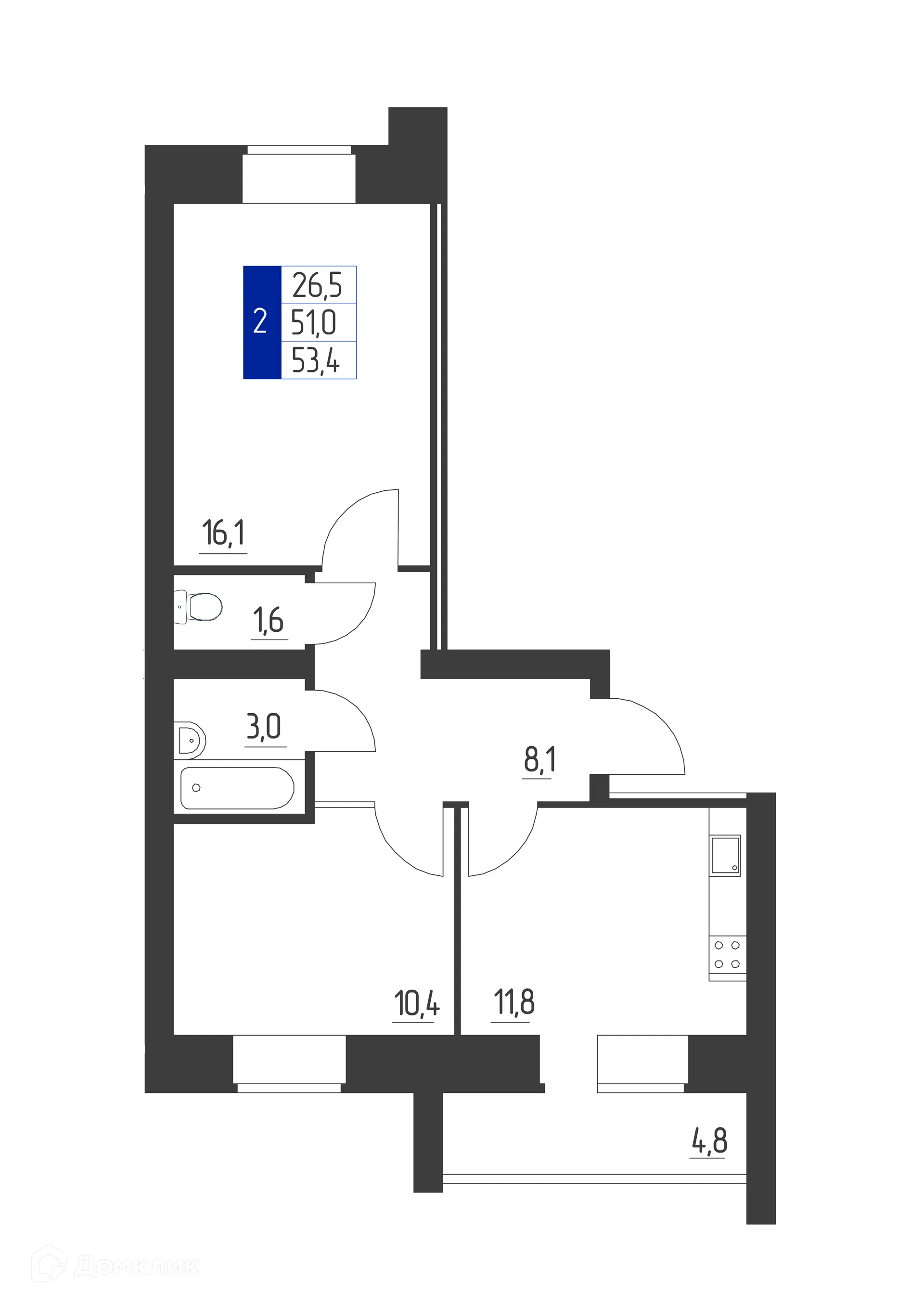 Планировка 2-комнатной квартиры 53.4 м² в ЖК Дом по пр-кт Ленина, г. Октябрьский — фото 1