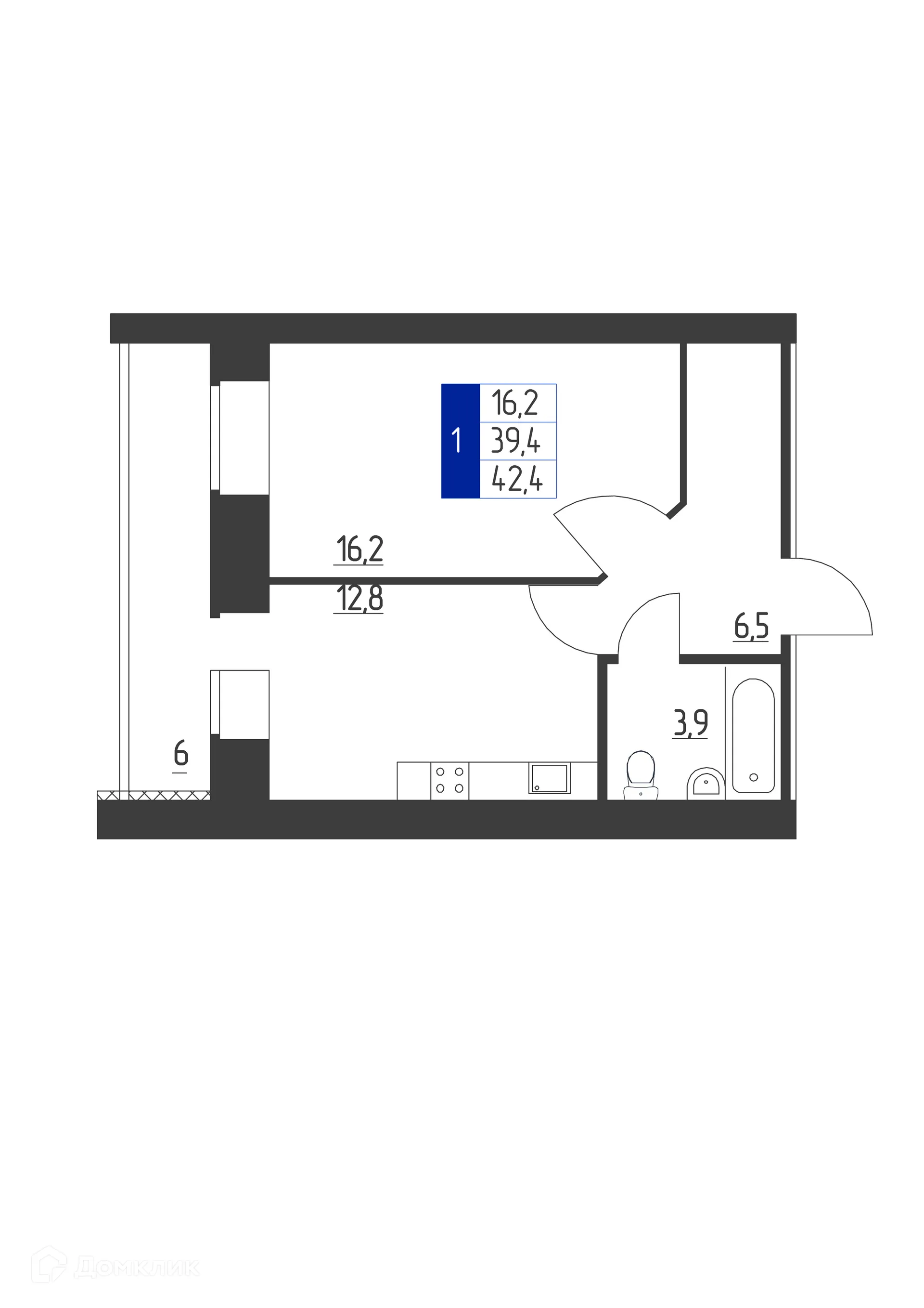 Планировка 1-комнатной квартиры 42.4 м² в ЖК Дом по пр-кт Ленина, г. Октябрьский — фото 1