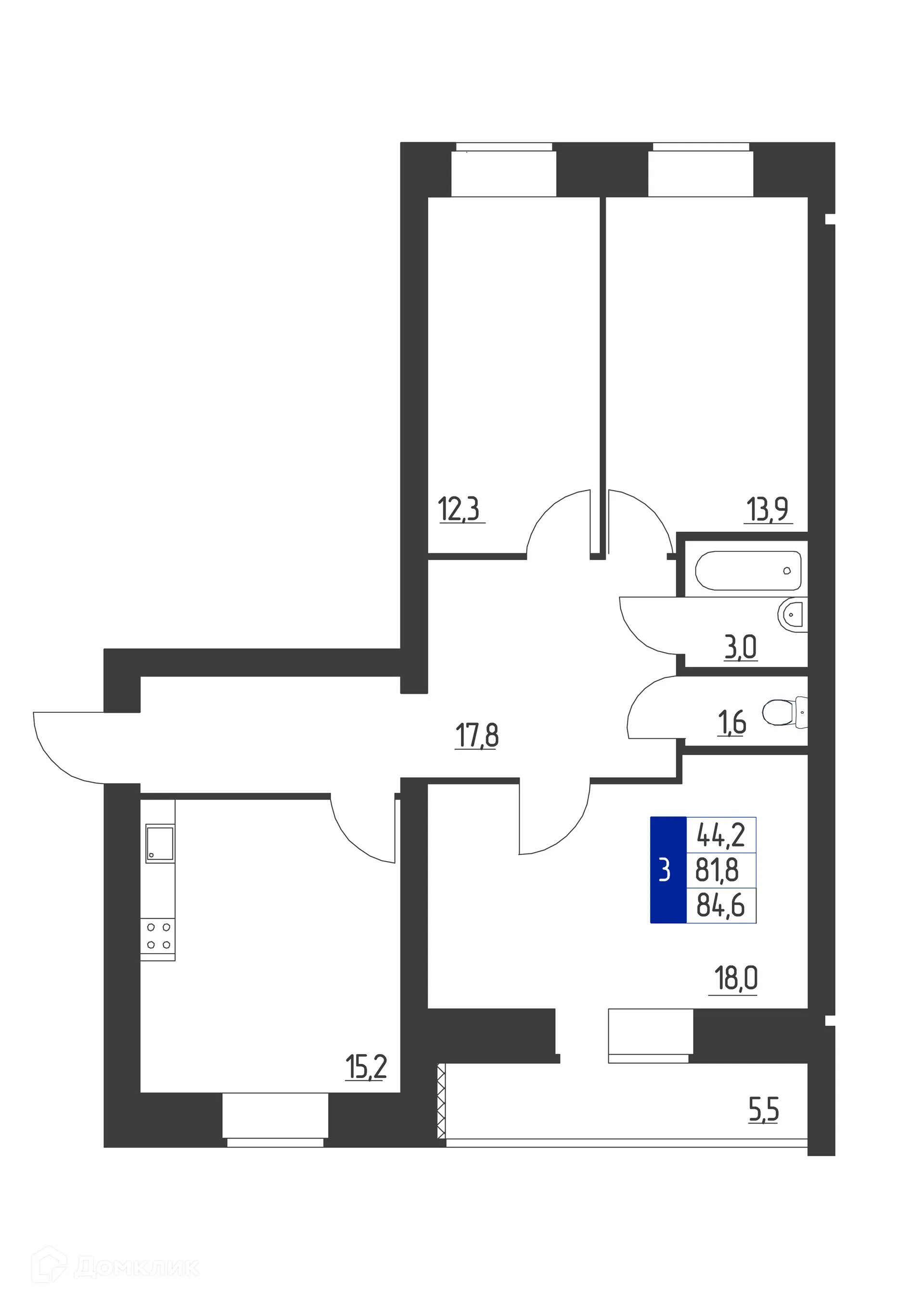 Планировка 3-комнатной квартиры 84.6 м² в ЖК Дом по пр-кт Ленина, г. Октябрьский — фото 1