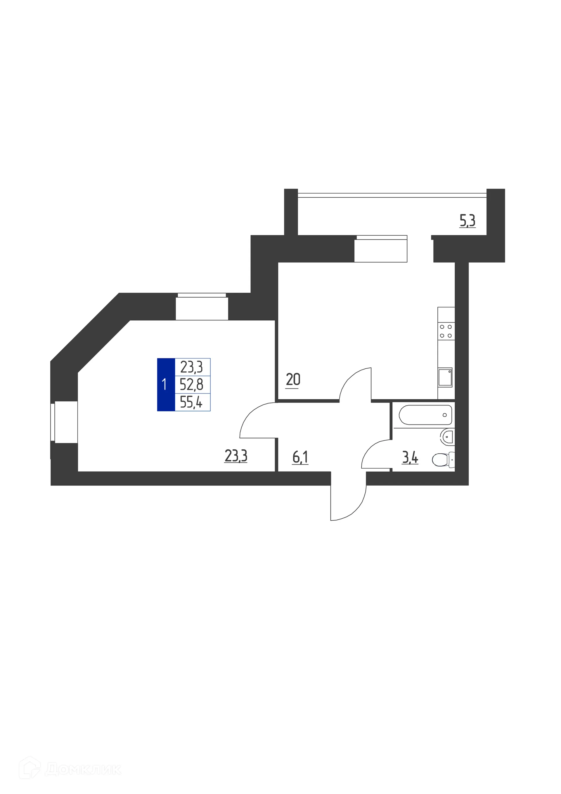 Планировка 1-комнатной квартиры 55.4 м² в ЖК Дом по пр-кт Ленина, г. Октябрьский — фото 1