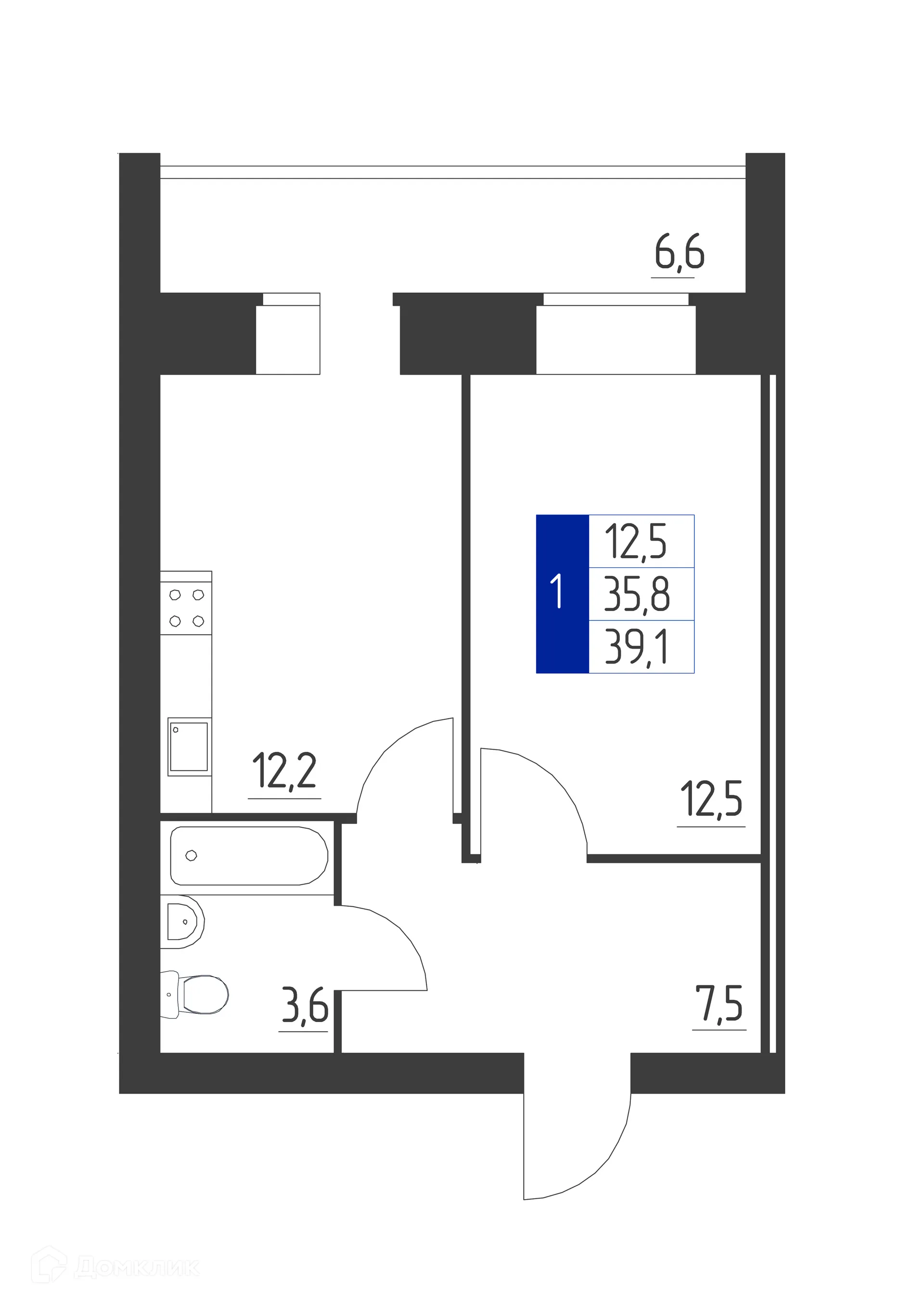 Планировка 1-комнатной квартиры 39.1 м² в ЖК Дом по пр-кт Ленина, г. Октябрьский — фото 1