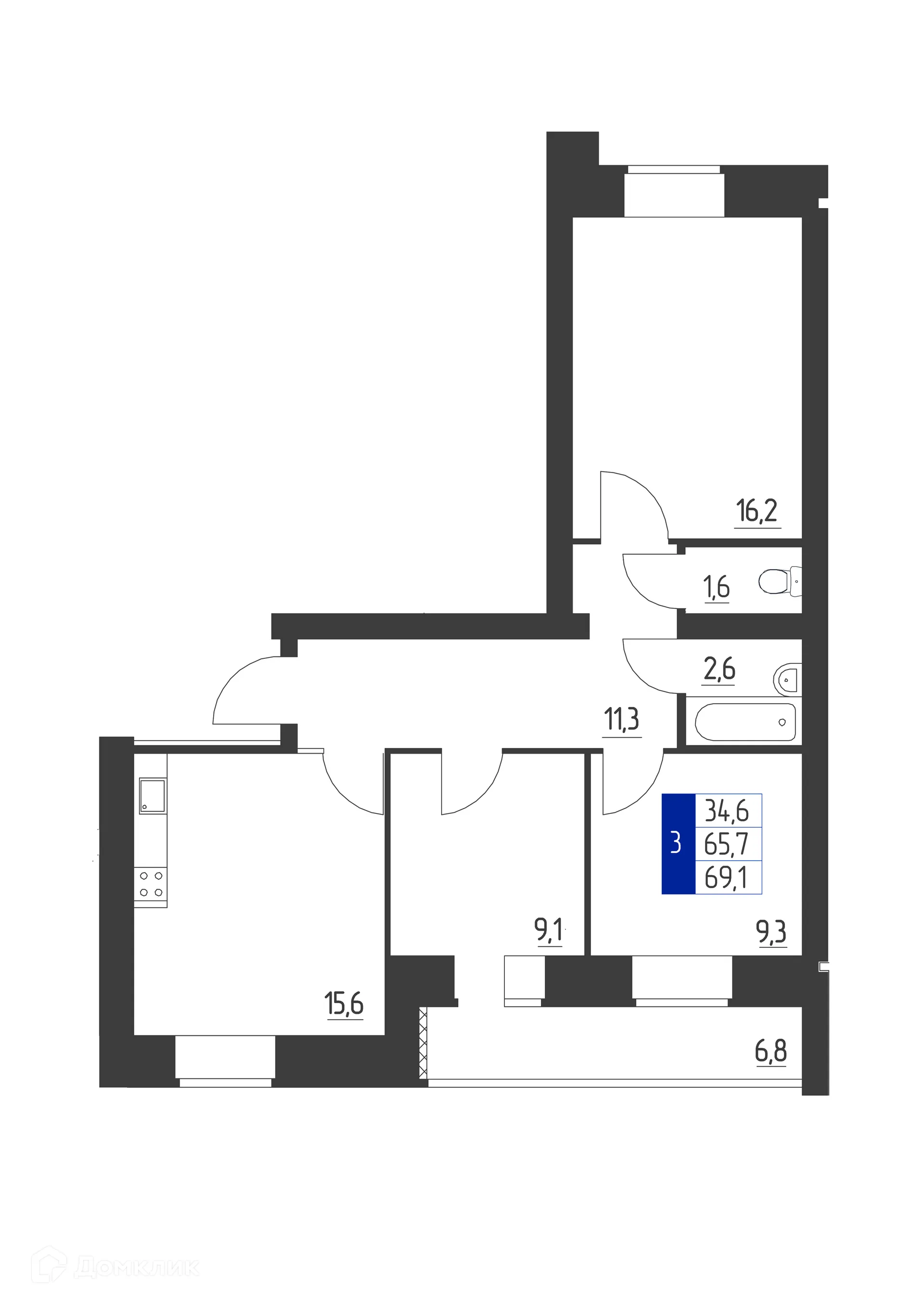Планировка 3-комнатной квартиры 69.1 м² в ЖК Дом по пр-кт Ленина, г. Октябрьский — фото 1