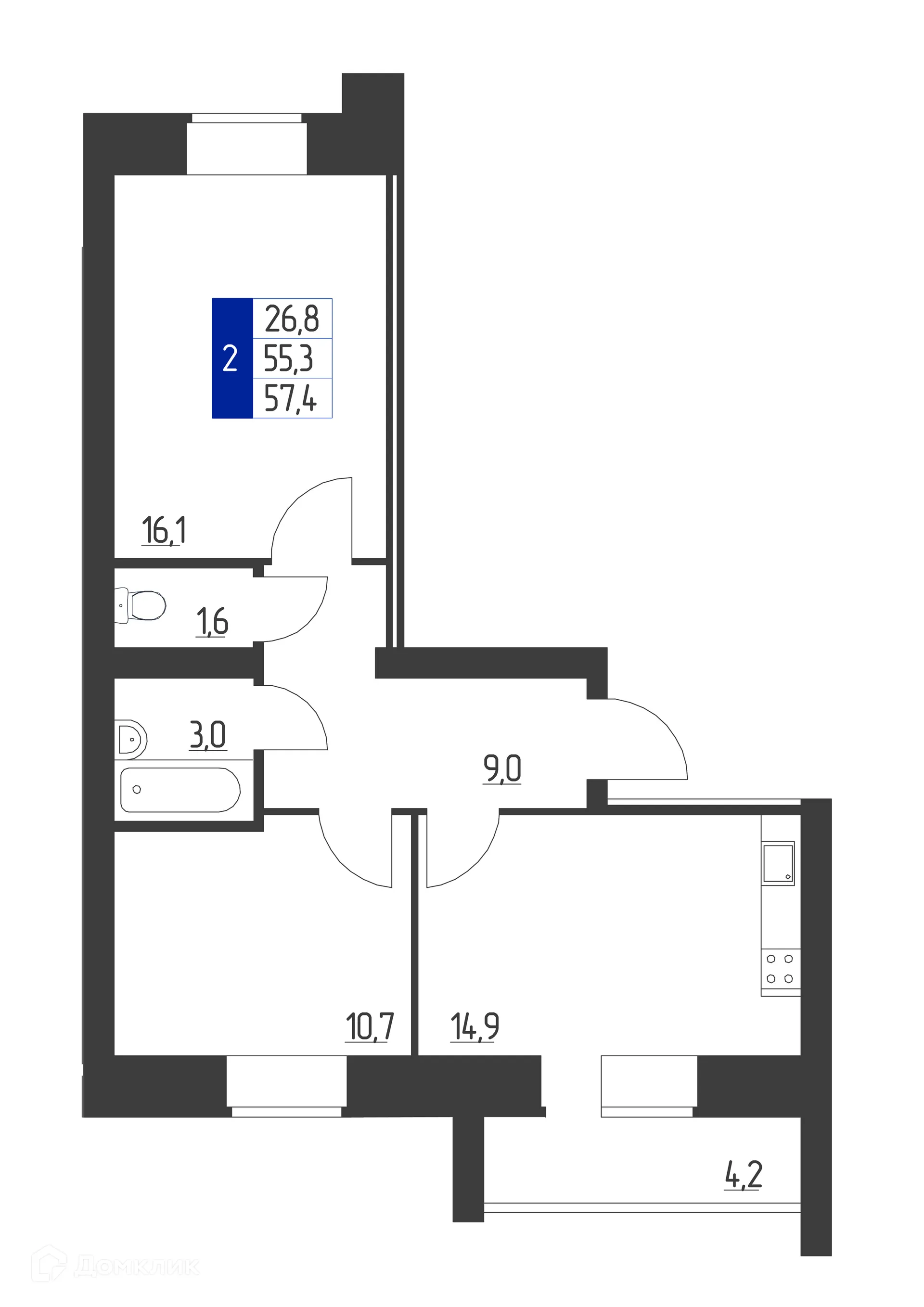 Планировка 2-комнатной квартиры 57.4 м² в ЖК Дом по пр-кт Ленина, г. Октябрьский — фото 1