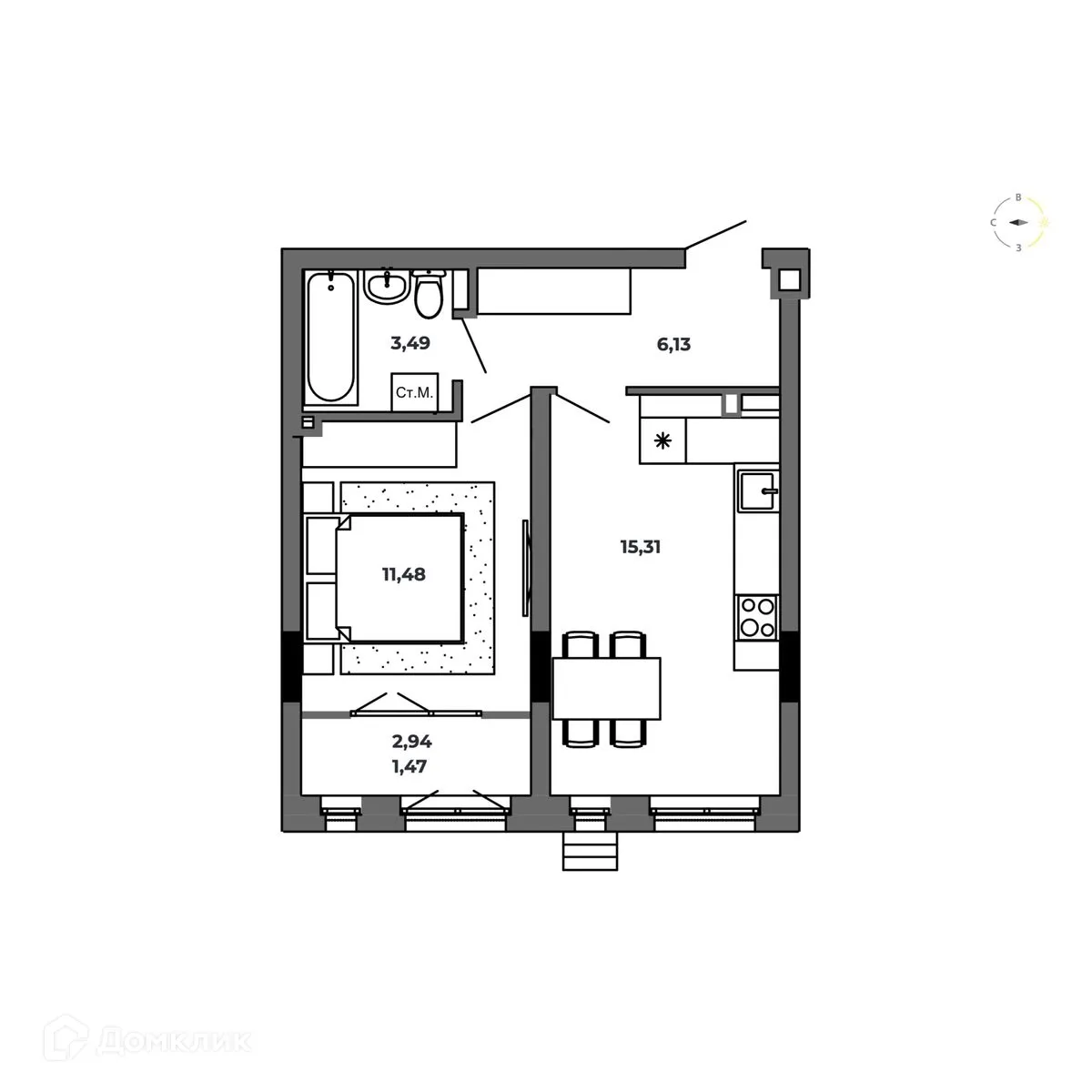 Планировка 1-комнатной квартиры 37.88 м² в ЖК по ул. Красный Пахарь, г. Омск — фото 1