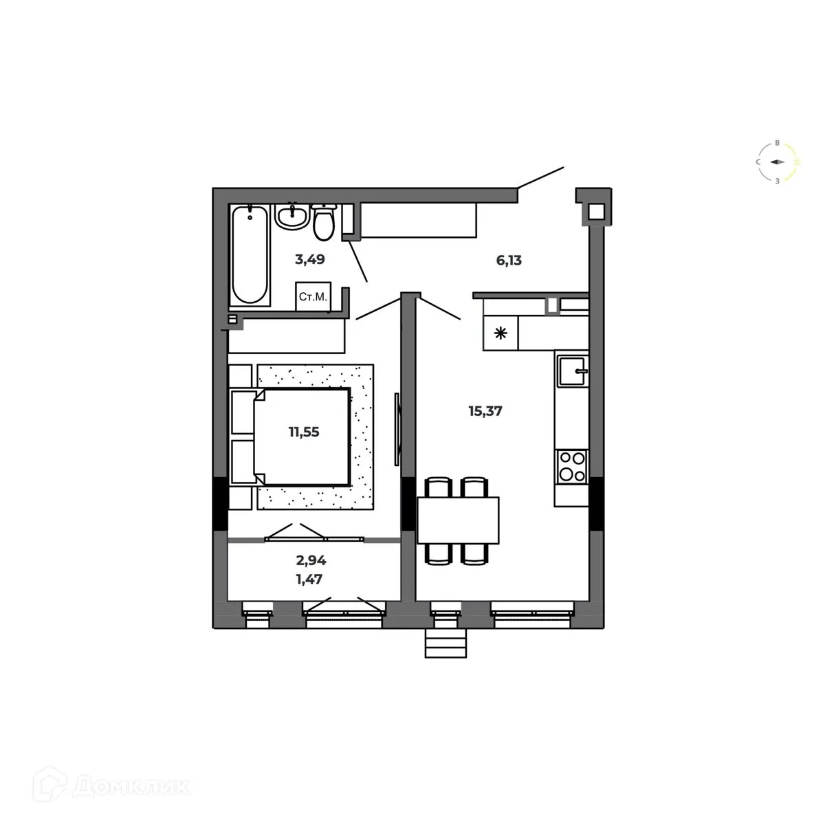 Планировка 1-комнатной квартиры 38.01 м² в ЖК по ул. Красный Пахарь, г. Омск — фото 1