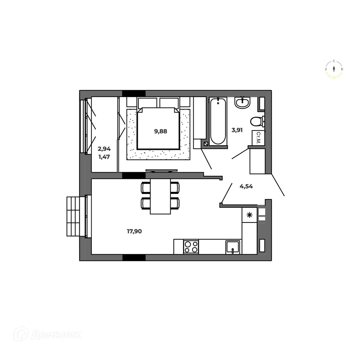 Планировка 1-комнатной квартиры 37.7 м² в ЖК по ул. Красный Пахарь, г. Омск — фото 1