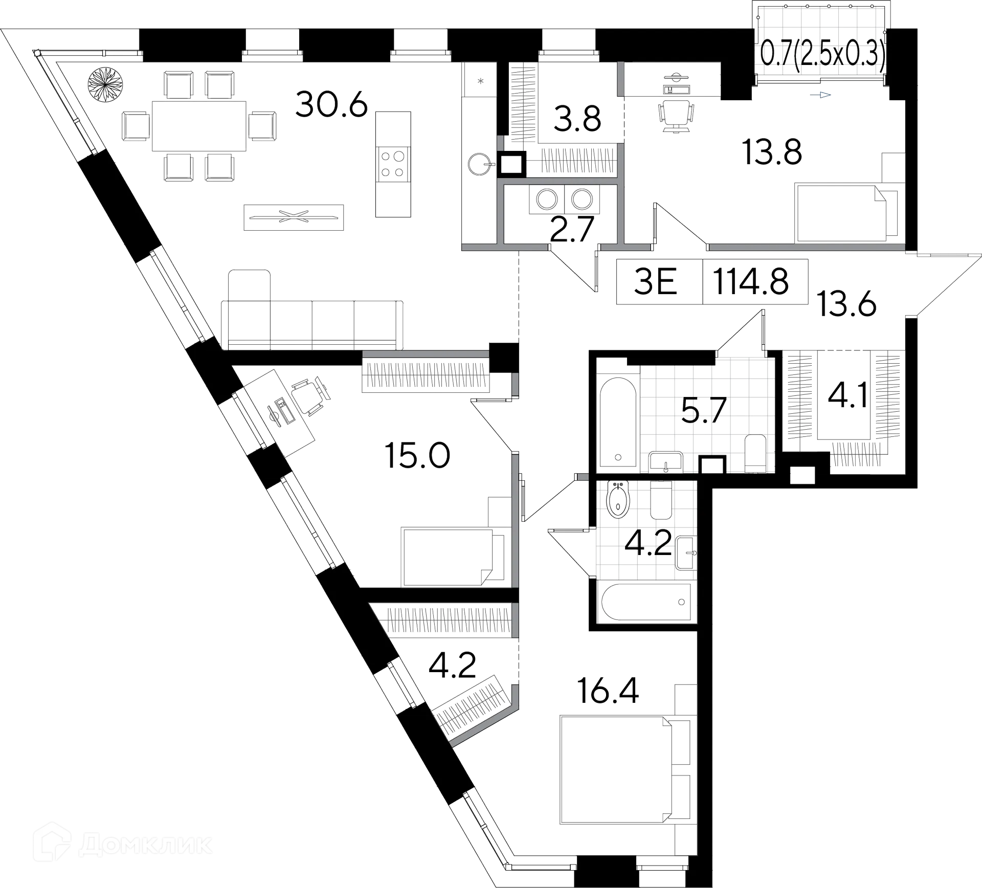 Планировка 3-комнатной квартиры 114.85 м² в ЖК Клубный дом  Строганов, г. Пермь — фото 1