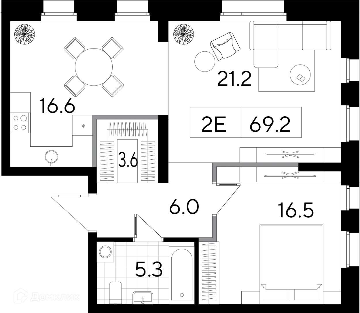 Планировка 2-комнатной квартиры 69.2 м² в ЖК Клубный дом  Строганов, г. Пермь — фото 1