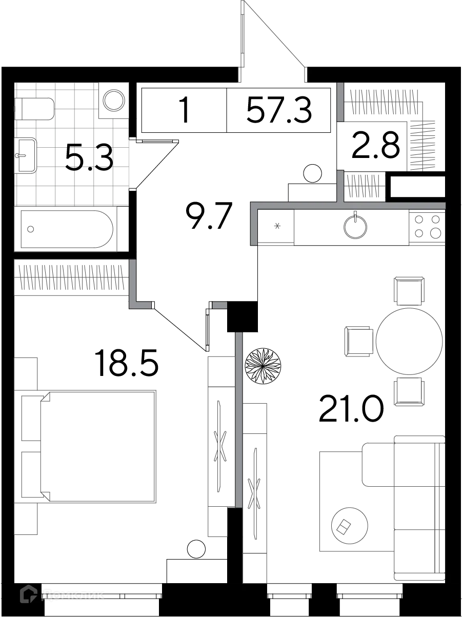 Планировка 1-комнатной квартиры 57.33 м² в ЖК Клубный дом  Строганов, г. Пермь — фото 1