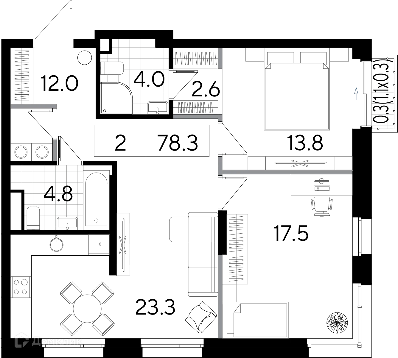 Планировка 2-комнатной квартиры 78.3 м² в ЖК Клубный дом  Строганов, г. Пермь — фото 1