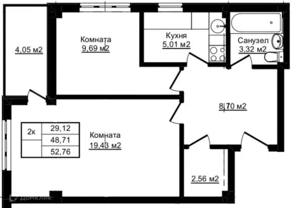 Планировка 2 комн. в ЖК Южный парк