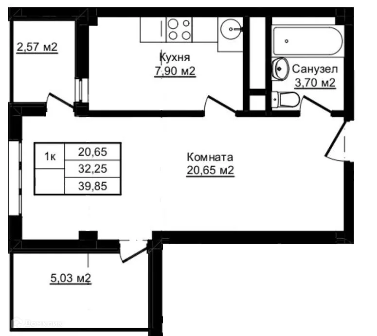 Планировка 1-комнатной квартиры 39.85 м² в ЖК Южный парк, г. Сочи — фото 1