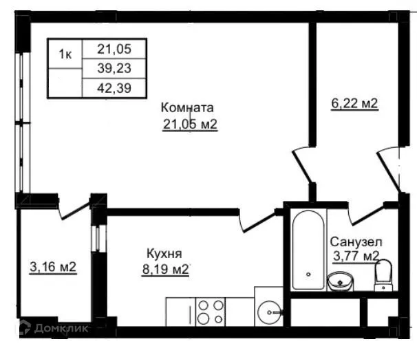 Планировка 1-комнатной квартиры 42.39 м² в ЖК Южный парк, г. Сочи — фото 1