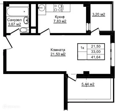 Планировка 1-комнатной квартиры 41.64 м² в ЖК Южный парк, г. Сочи — фото 1