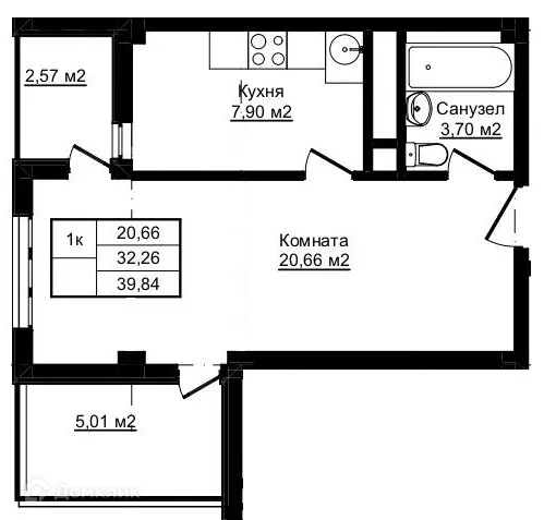 Планировка 1-комнатной квартиры 39.83 м² в ЖК Южный парк, г. Сочи — фото 1