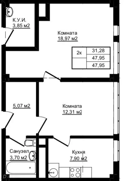 Планировка 2-комнатной квартиры 47.95 м² в ЖК Южный парк, г. Сочи — фото 1