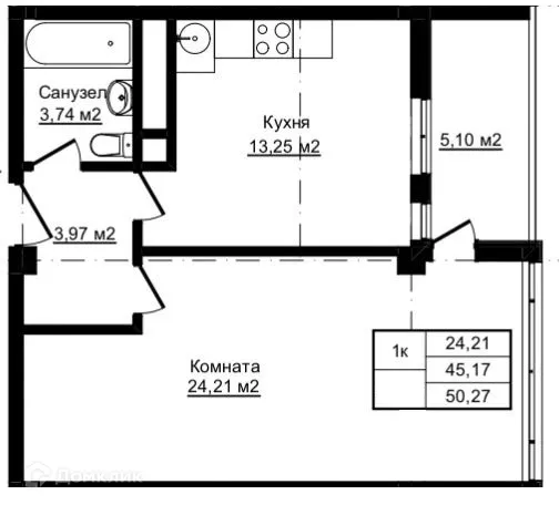 Планировка 1-комнатной квартиры 50.27 м² в ЖК Южный парк, г. Сочи — фото 1