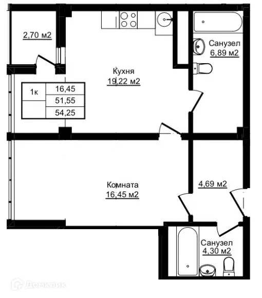 Планировка 1-комнатной квартиры 54.25 м² в ЖК Южный парк, г. Сочи — фото 1