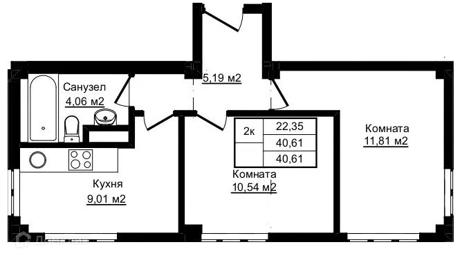 Планировка 2-комнатной квартиры 40.61 м² в ЖК Южный парк, г. Сочи — фото 1