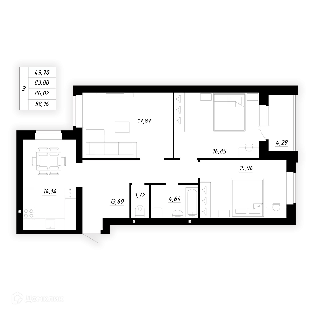 Планировка 3-комнатной квартиры 86.02 м² в ЖК Весенний, г. Стерлитамак — фото 1