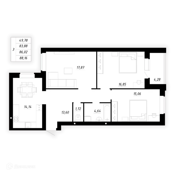 Планировка 3 комн. в ЖК Весенний