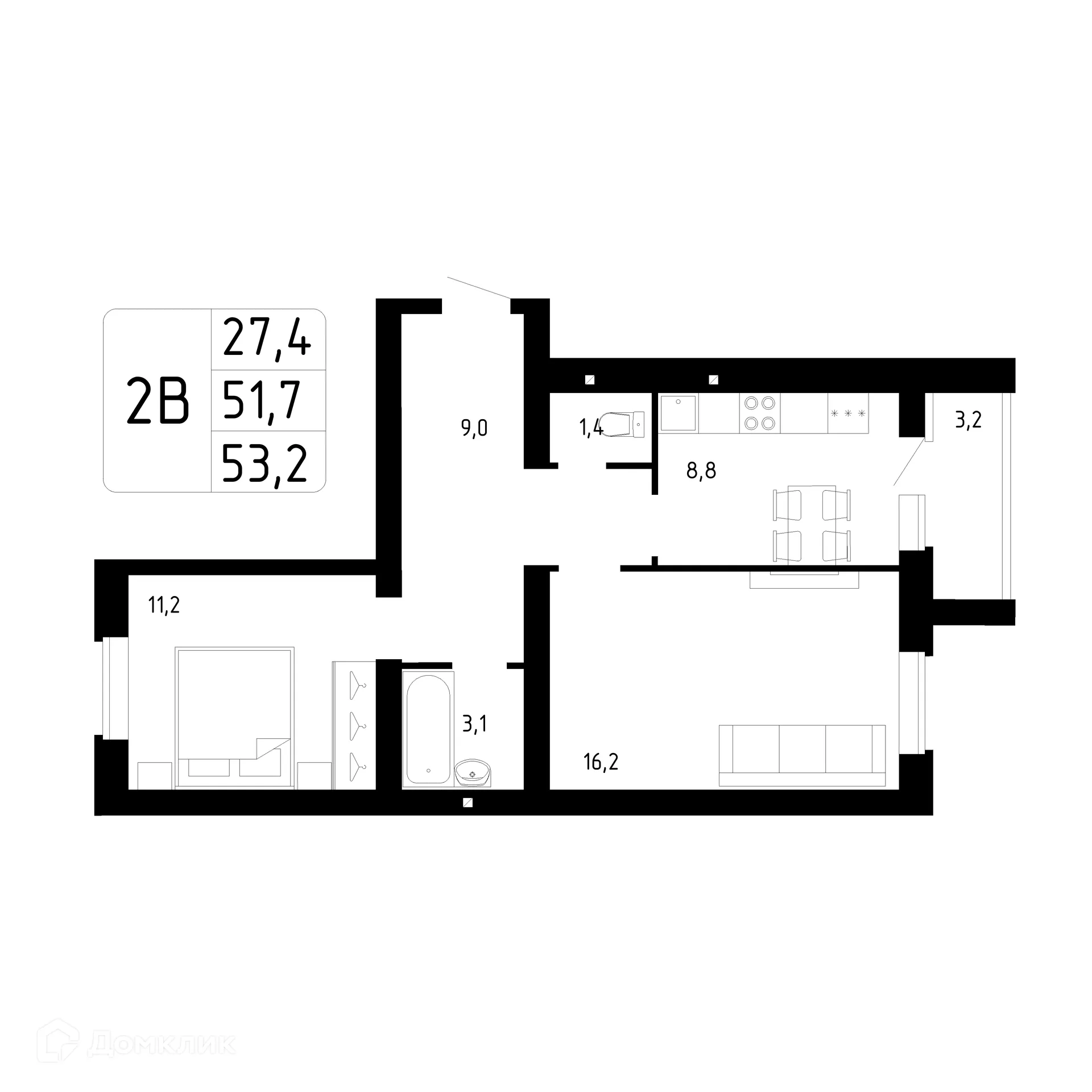 Планировка 2-комнатной квартиры 53.3 м² в ЖК Каскад, г. Стерлитамак — фото 1