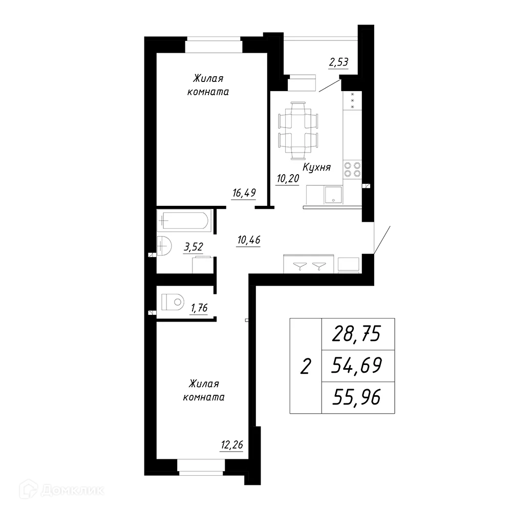 Планировка 2-комнатной квартиры 55.96 м² в ЖК Дом по ул.Якутова, г. Стерлитамак — фото 1