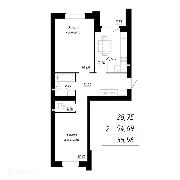 Планировка 2 комн. в ЖК Дом по ул.Якутова