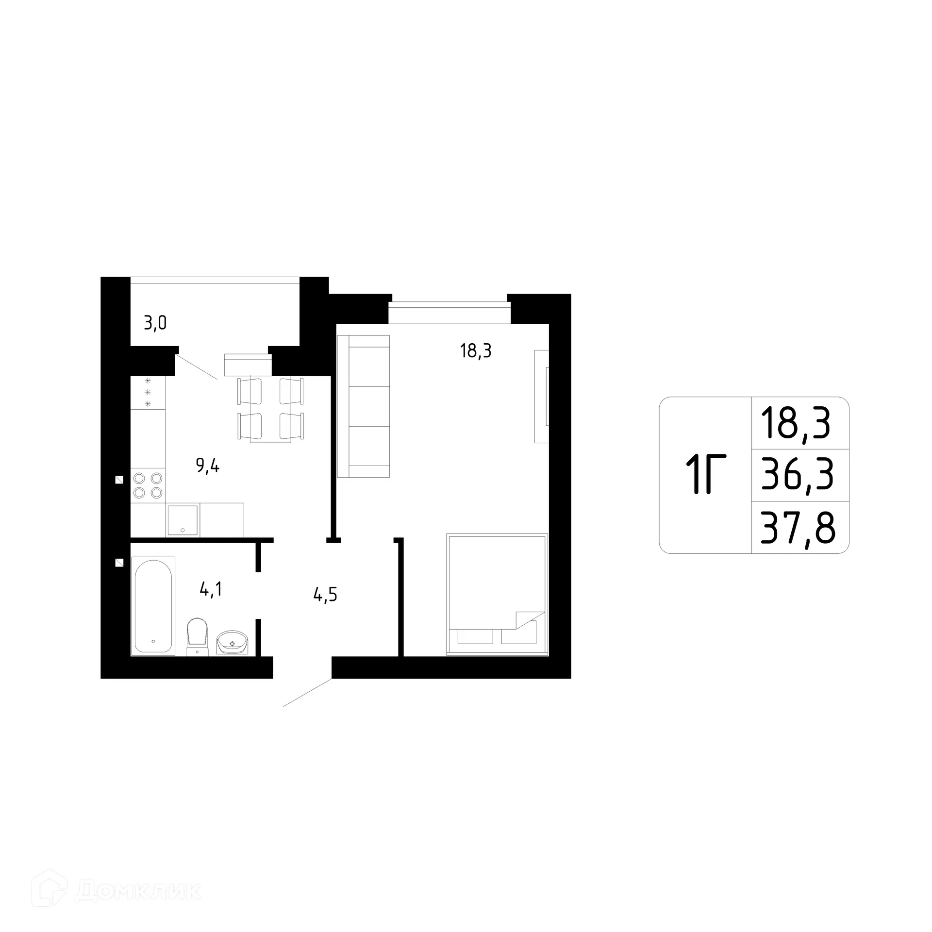 Планировка 1-комнатной квартиры 37.8 м² в ЖК Каскад, г. Стерлитамак — фото 1