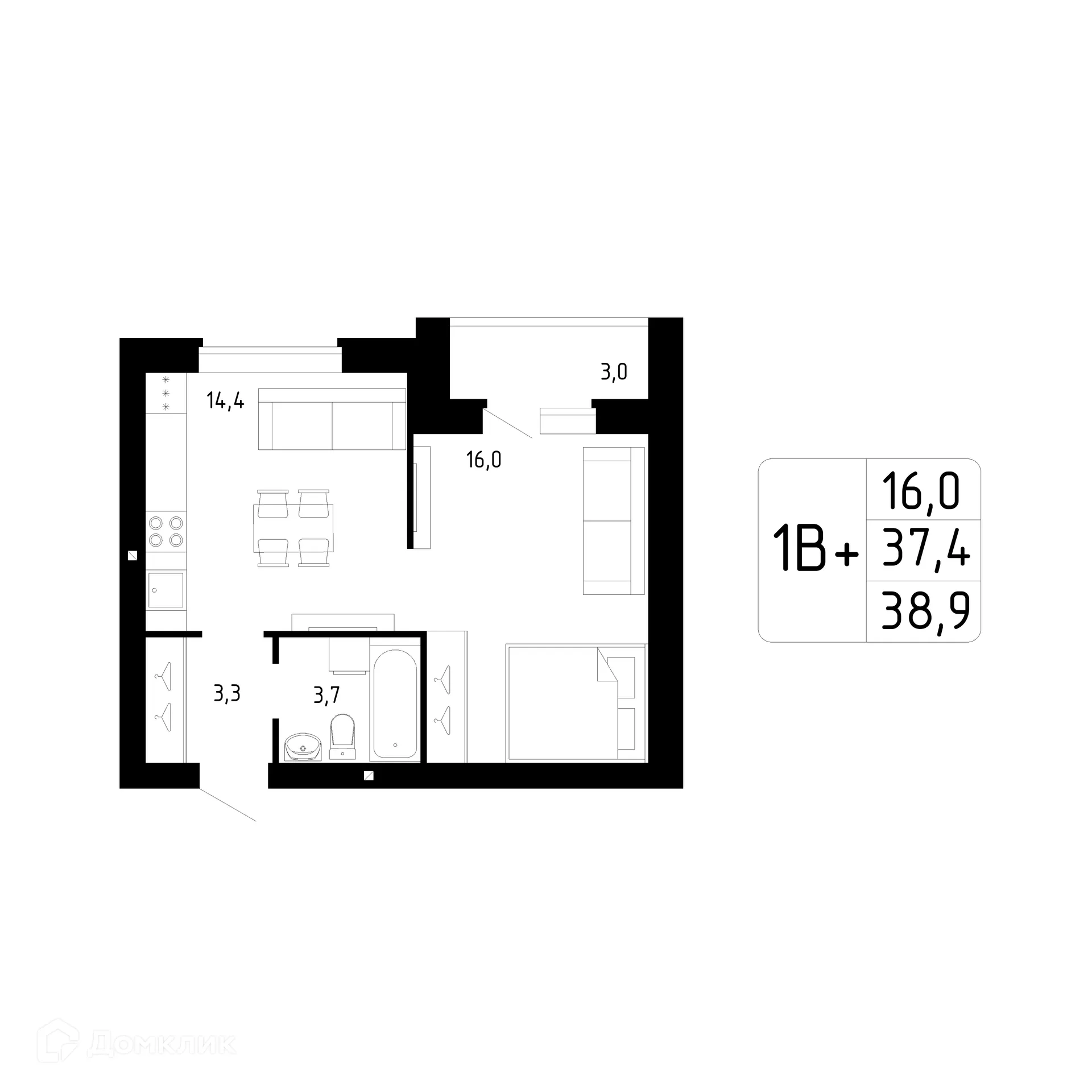 Планировка 1-комнатной квартиры 38.9 м² в ЖК Каскад, г. Стерлитамак — фото 1