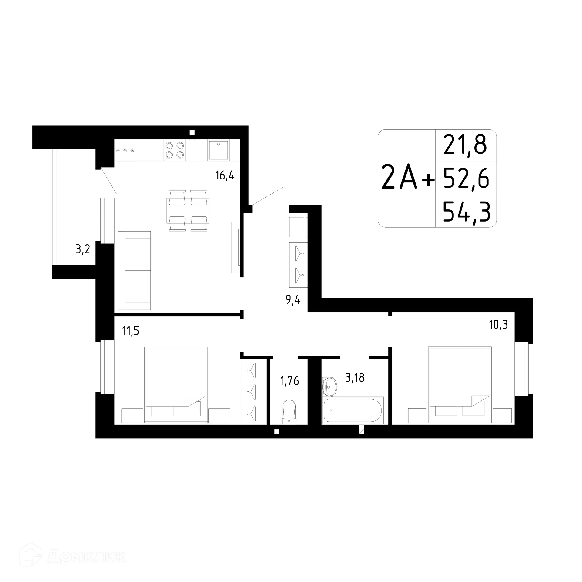 Планировка 2-комнатной квартиры 54.3 м² в ЖК Каскад, г. Стерлитамак — фото 1