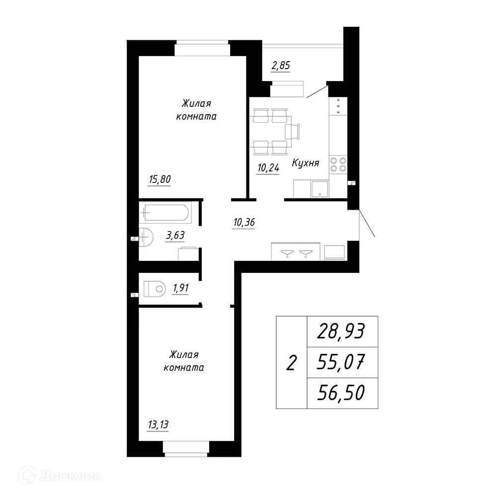 Планировка 2-комнатной квартиры 56.5 м² в ЖК Дом по ул.Якутова, г. Стерлитамак — фото 1