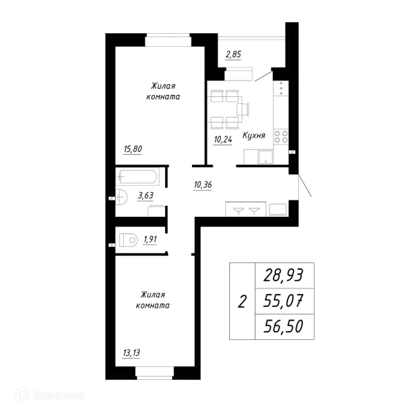Планировка 2 комн. в ЖК Дом по ул.Якутова