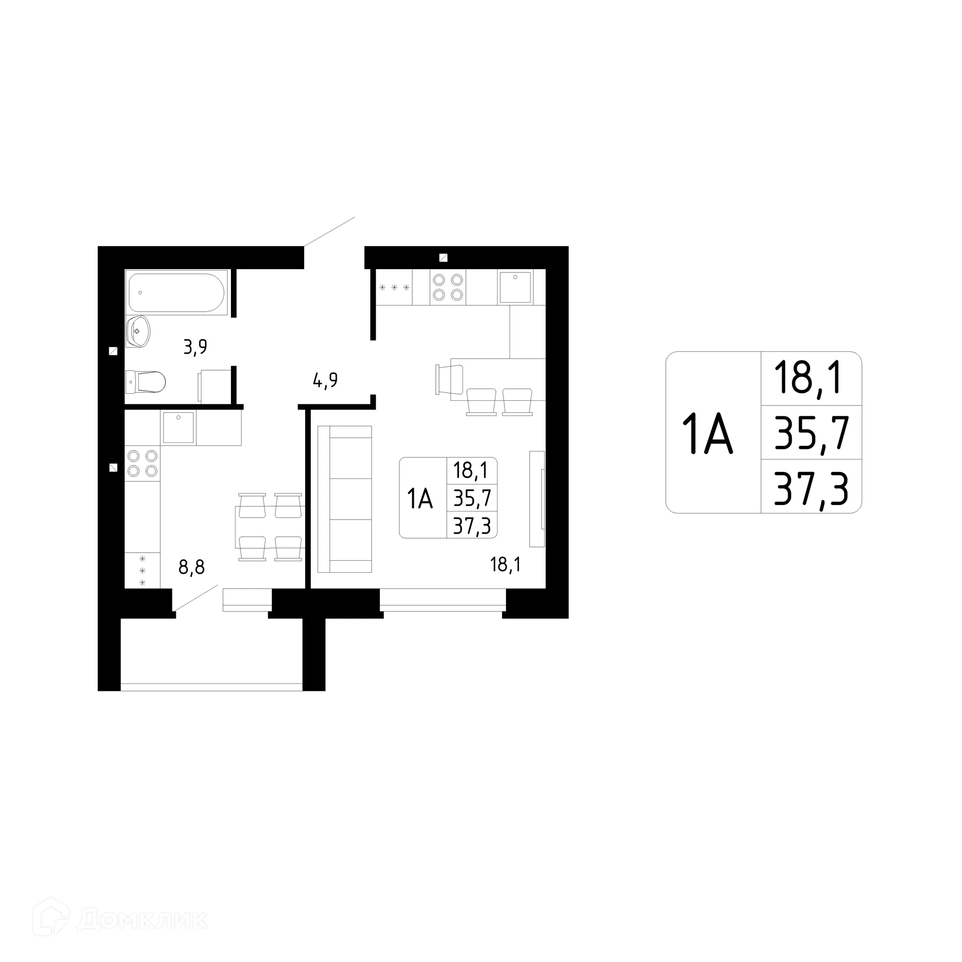 Планировка 1-комнатной квартиры 37.3 м² в ЖК Каскад, г. Стерлитамак — фото 1