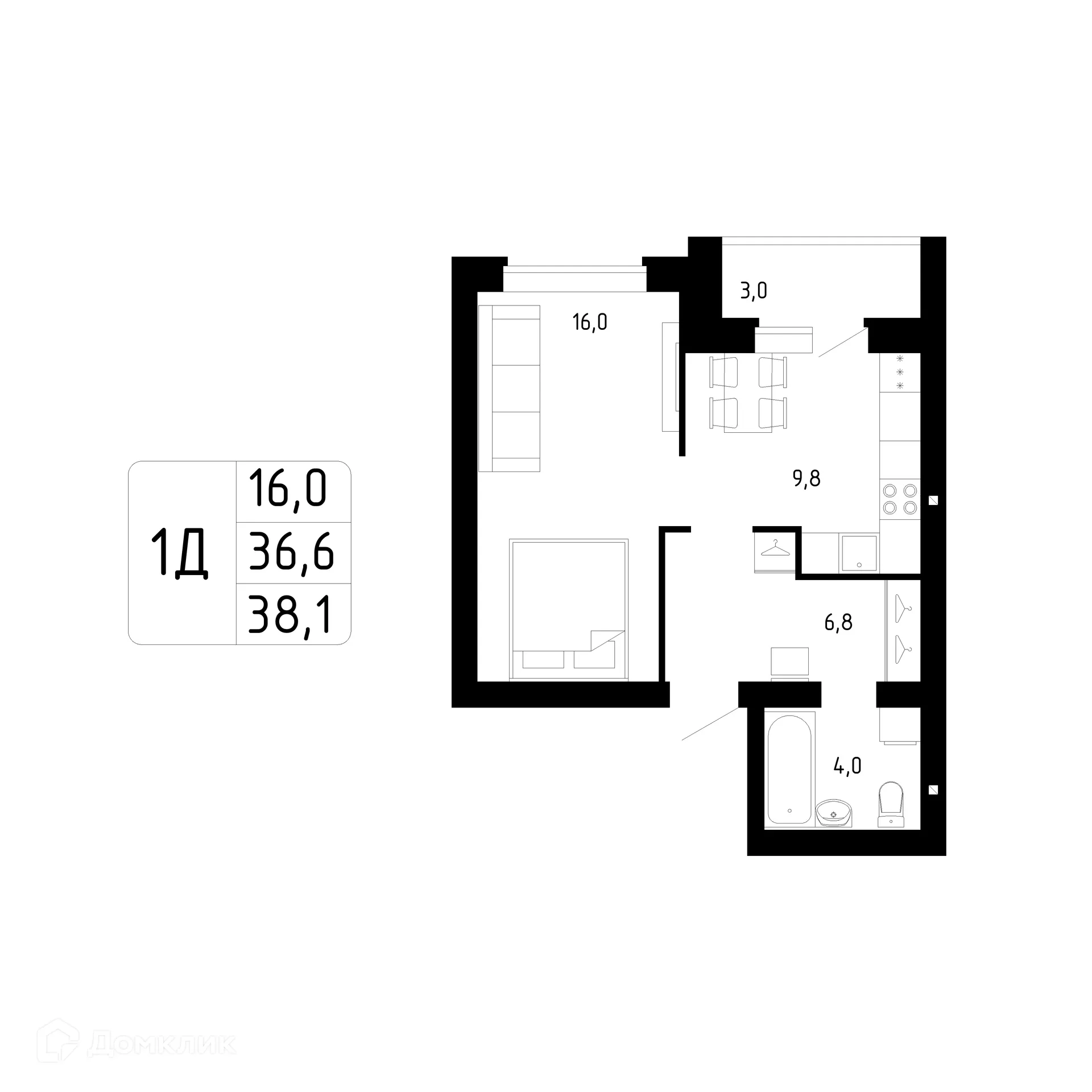 Планировка 1-комнатной квартиры 38.1 м² в ЖК Каскад, г. Стерлитамак — фото 1