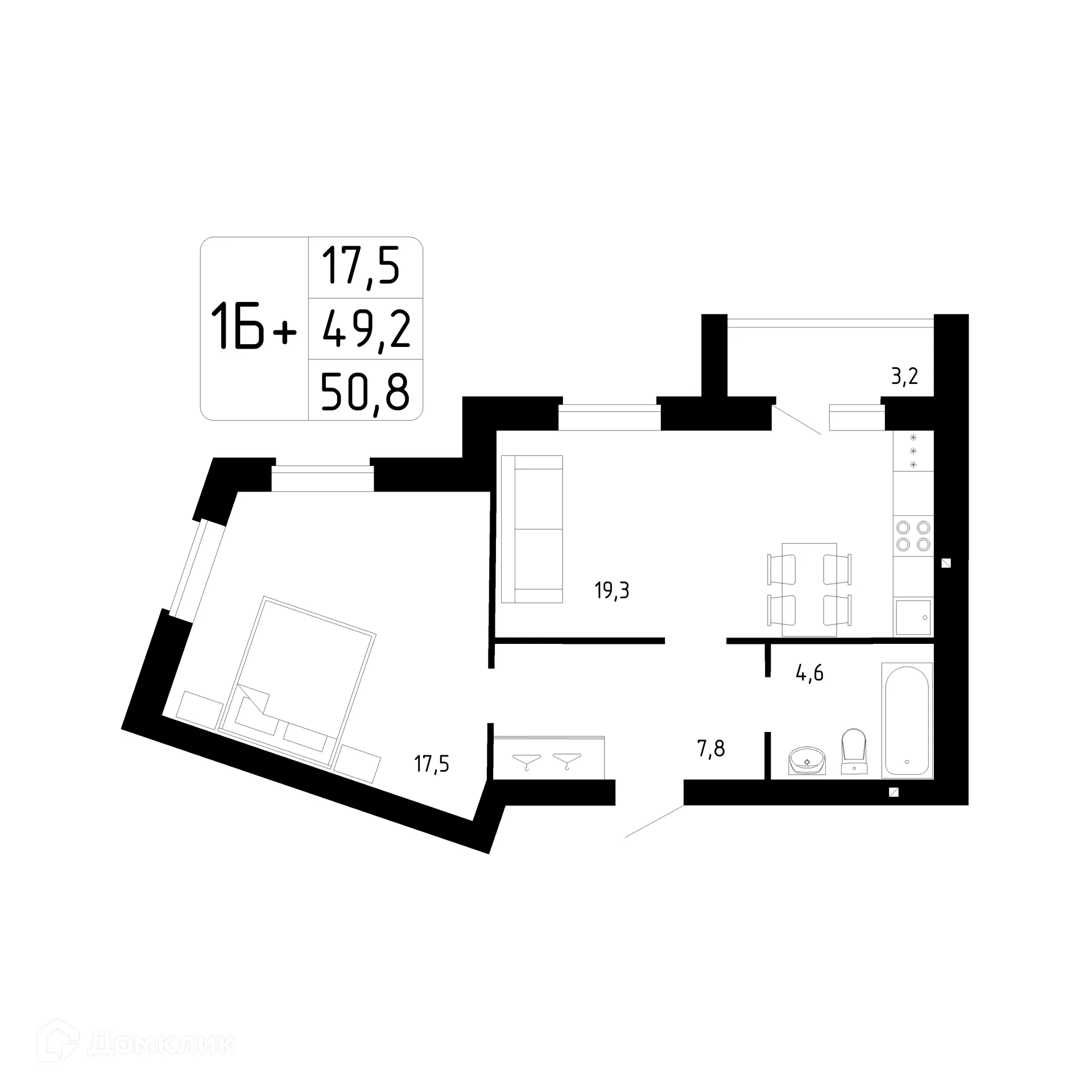 Планировка 1-комнатной квартиры 50.8 м² в ЖК Каскад, г. Стерлитамак — фото 1