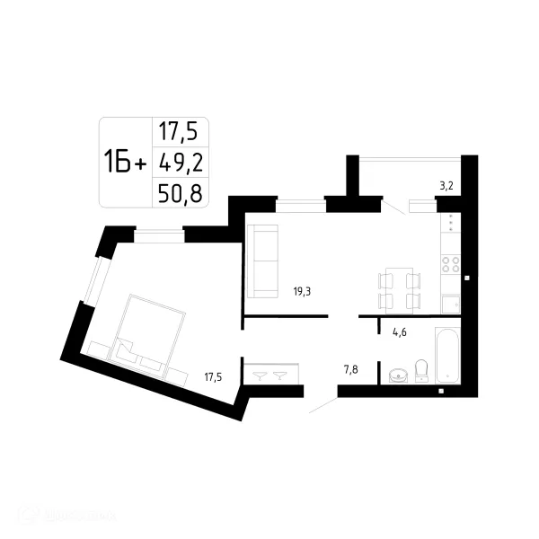 Планировка 1 комн. в ЖК Каскад
