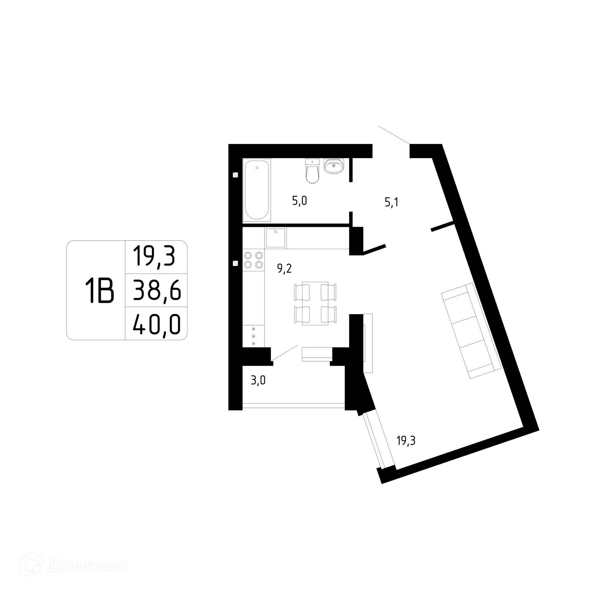 Планировка 1-комнатной квартиры 40.1 м² в ЖК Каскад, г. Стерлитамак — фото 1