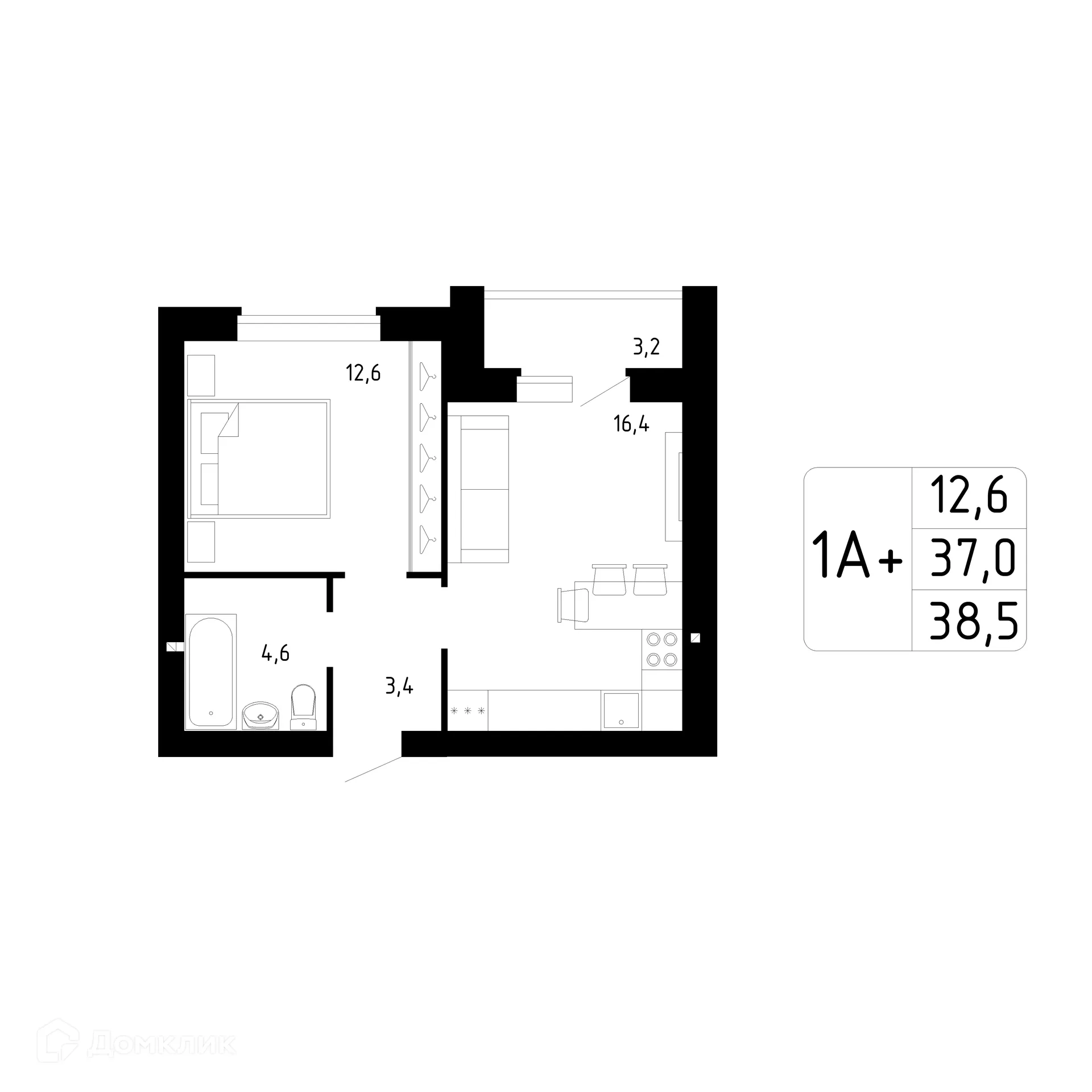 Планировка 1-комнатной квартиры 38.6 м² в ЖК Каскад, г. Стерлитамак — фото 1