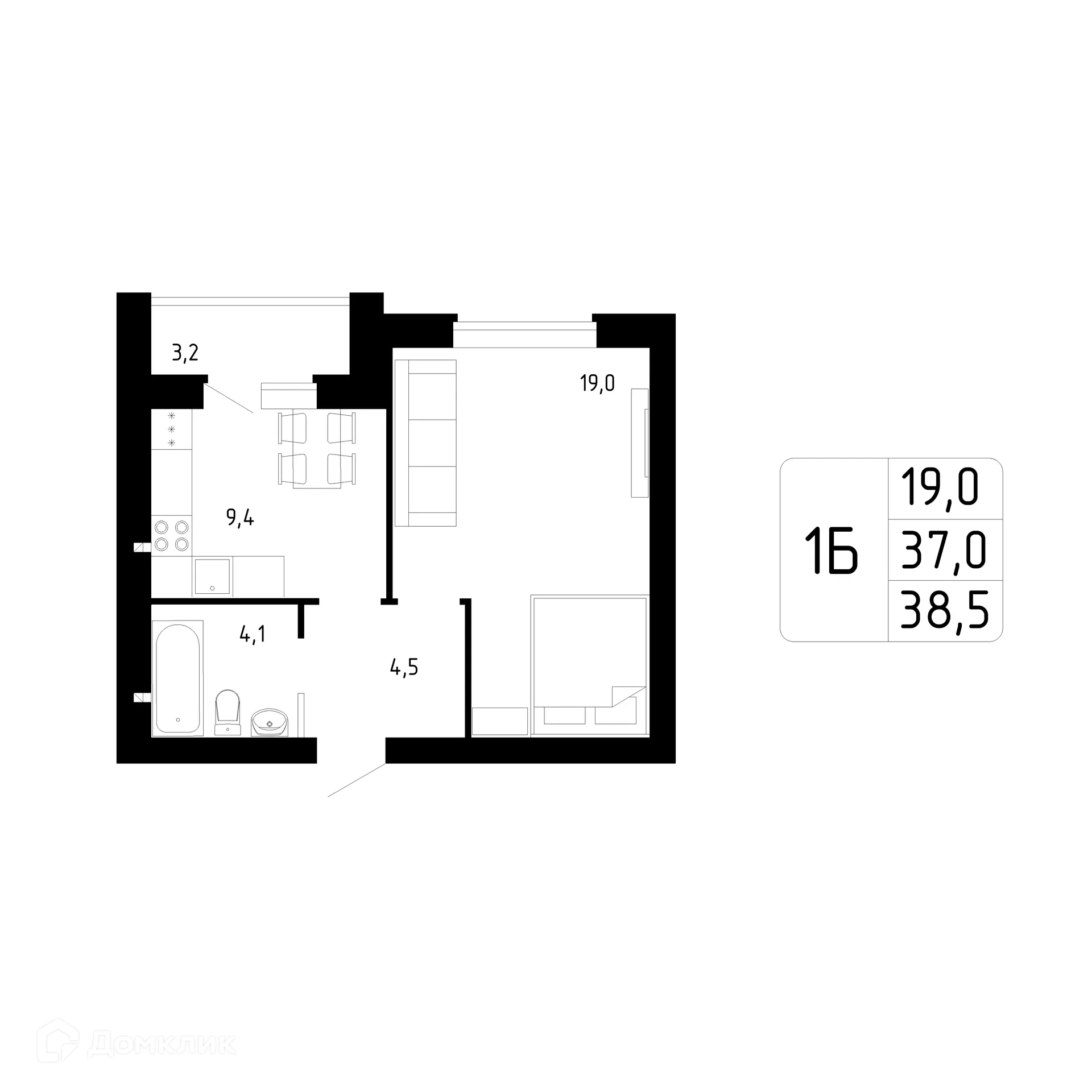 Планировка 1-комнатной квартиры 38.5 м² в ЖК Каскад, г. Стерлитамак — фото 1