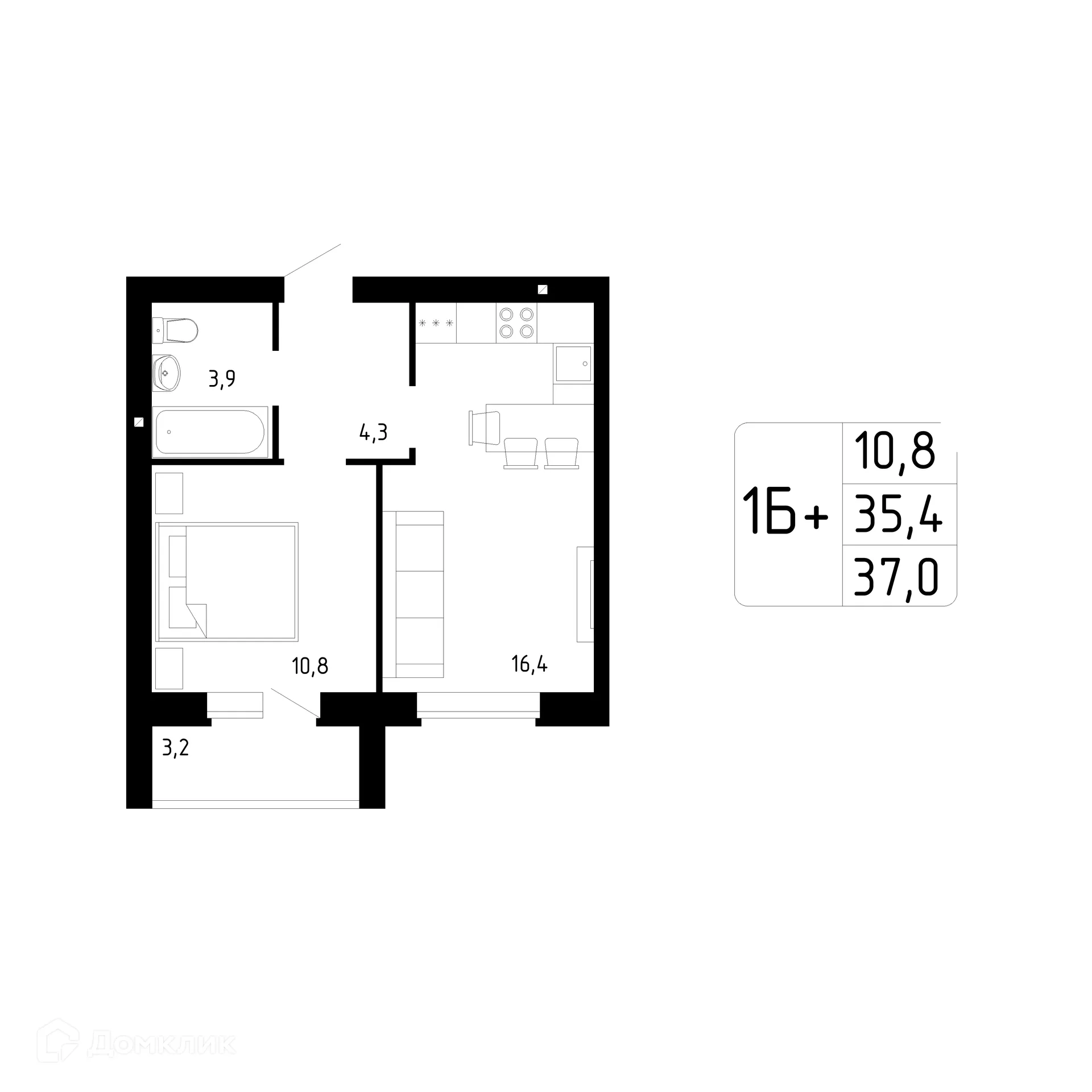 Планировка 1-комнатной квартиры 37 м² в ЖК Каскад, г. Стерлитамак — фото 1