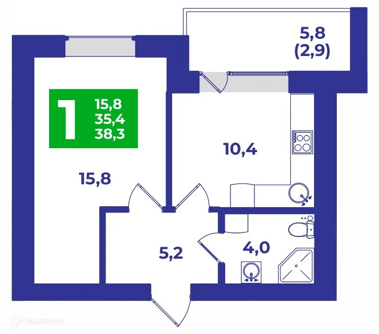 Планировка 1-комнатной квартиры 38.3 м² в ЖК ШИХАНЫ, г. Стерлитамак — фото 1